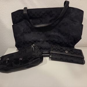 Coach Black Signature Tote, Pouch And Wallet